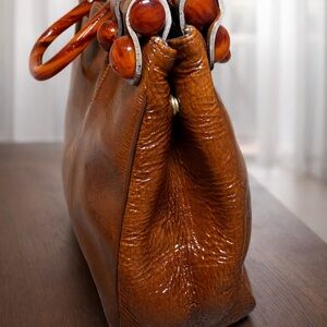ARCHIVAL VINTAGE ETRA Italian Glazed Leather Top Handle Bag | Sculptural Handles